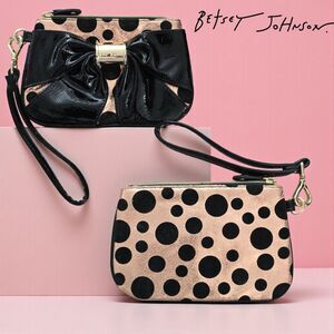 Betsey Johnson Bow Nanza Wristlet Rose Gold Black Polka Dot NWOT